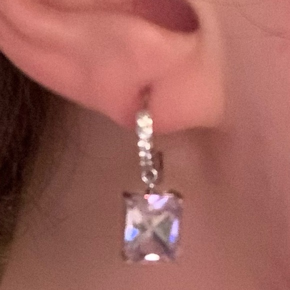 Sapphire Square Huggie Hoop Drop Earrings - Picture 2 of 5